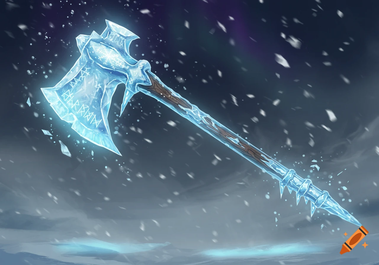 An icy battleaxe with glowing blue runes carved into the blade, set against a dark blue snowy landscape.