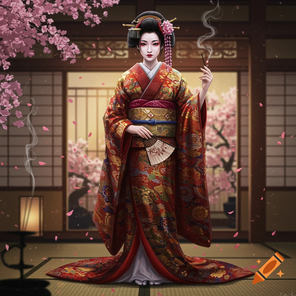 A woman in an ornate red kimono stands in a traditional Japanese room with cherry blossoms, holding a fan and incense.