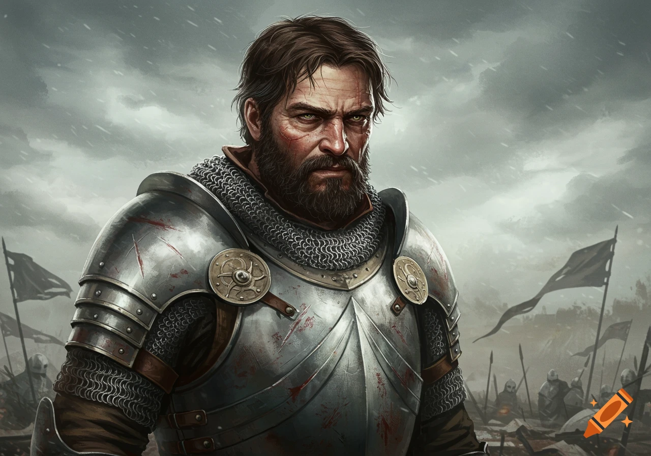 A stern middle-aged male warrior with a beard and battle scars, wearing chainmail and plate armor, on a battlefield.