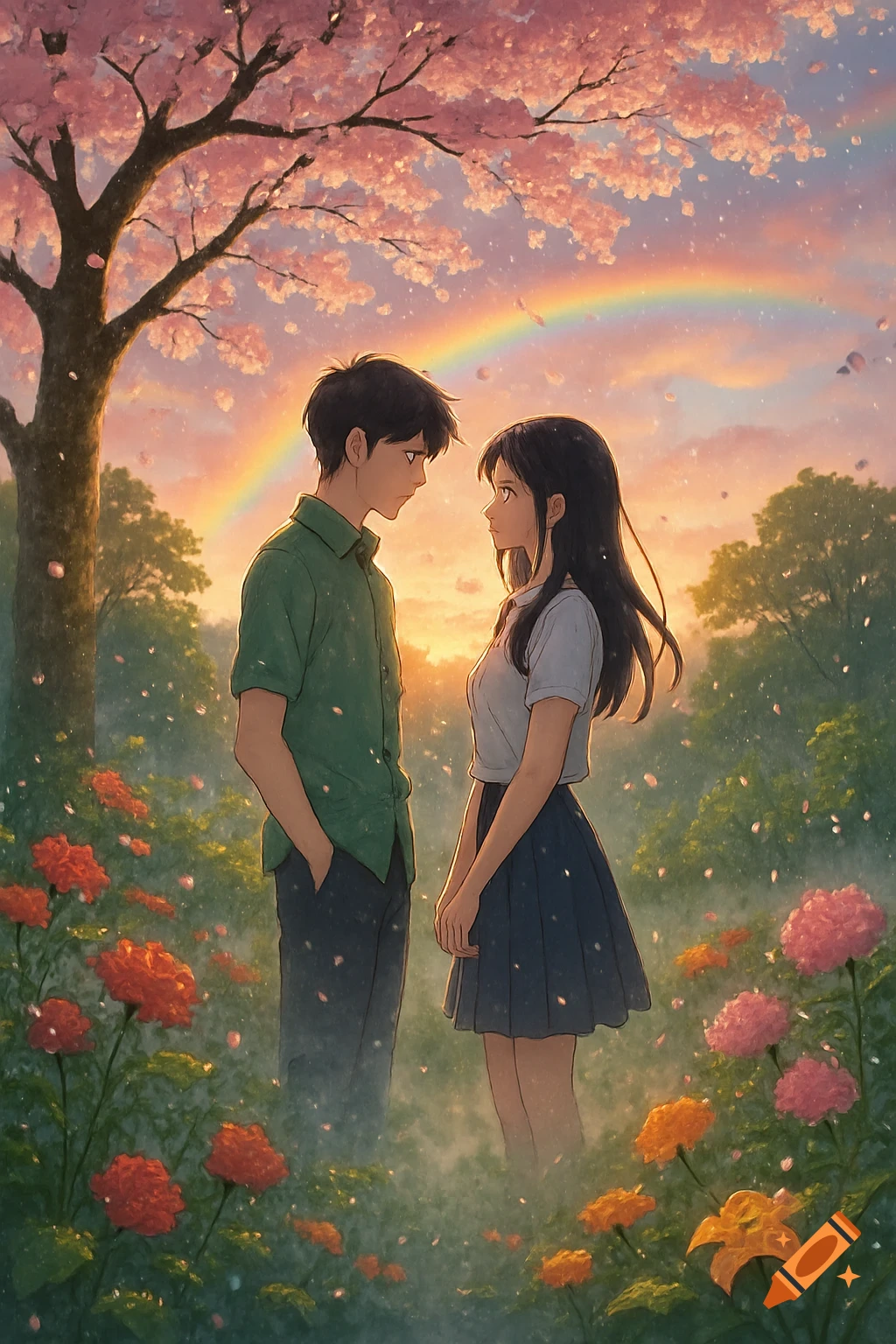 An anime couple gazes at each other under a cherry blossom tree with a rainbow and falling petals at sunset.