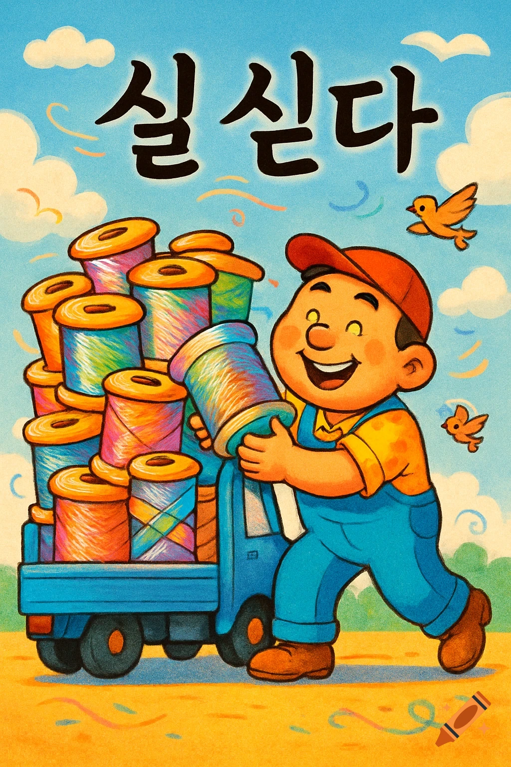 A cheerful cartoon man in overalls loads colorful spools of thread onto a blue truck under a bright sky with birds. Korean text reads '실 싣다'.
