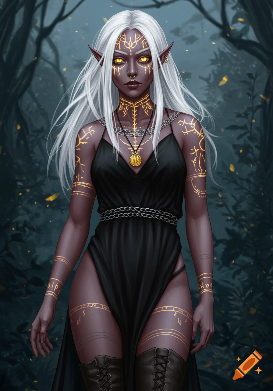 A dark-skinned elf with white hair, yellow eyes, and golden rune tattoos stands in a mystical forest, wearing a black dress and boots.