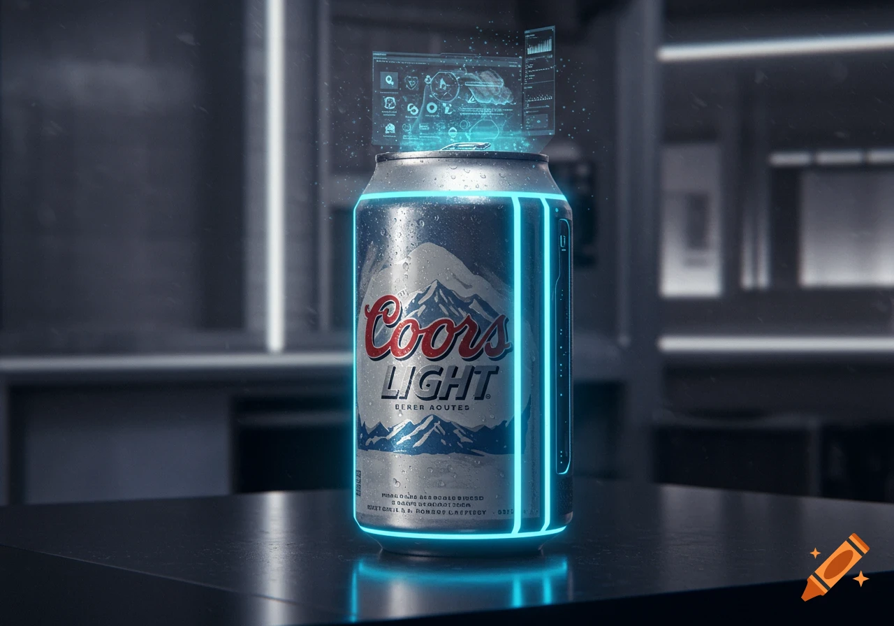 Futuristic Coors Light can with blue lights and holographic display on a dark table, in a modern interior.