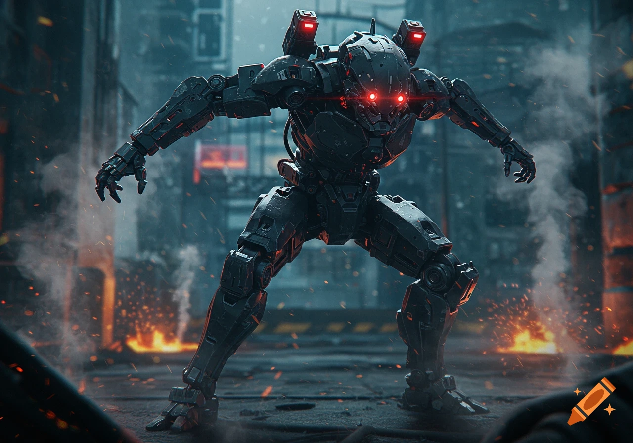 A heavily armored dark combat robot with glowing red eyes stands aggressively in a smoky, ruined city with sparks and fires.