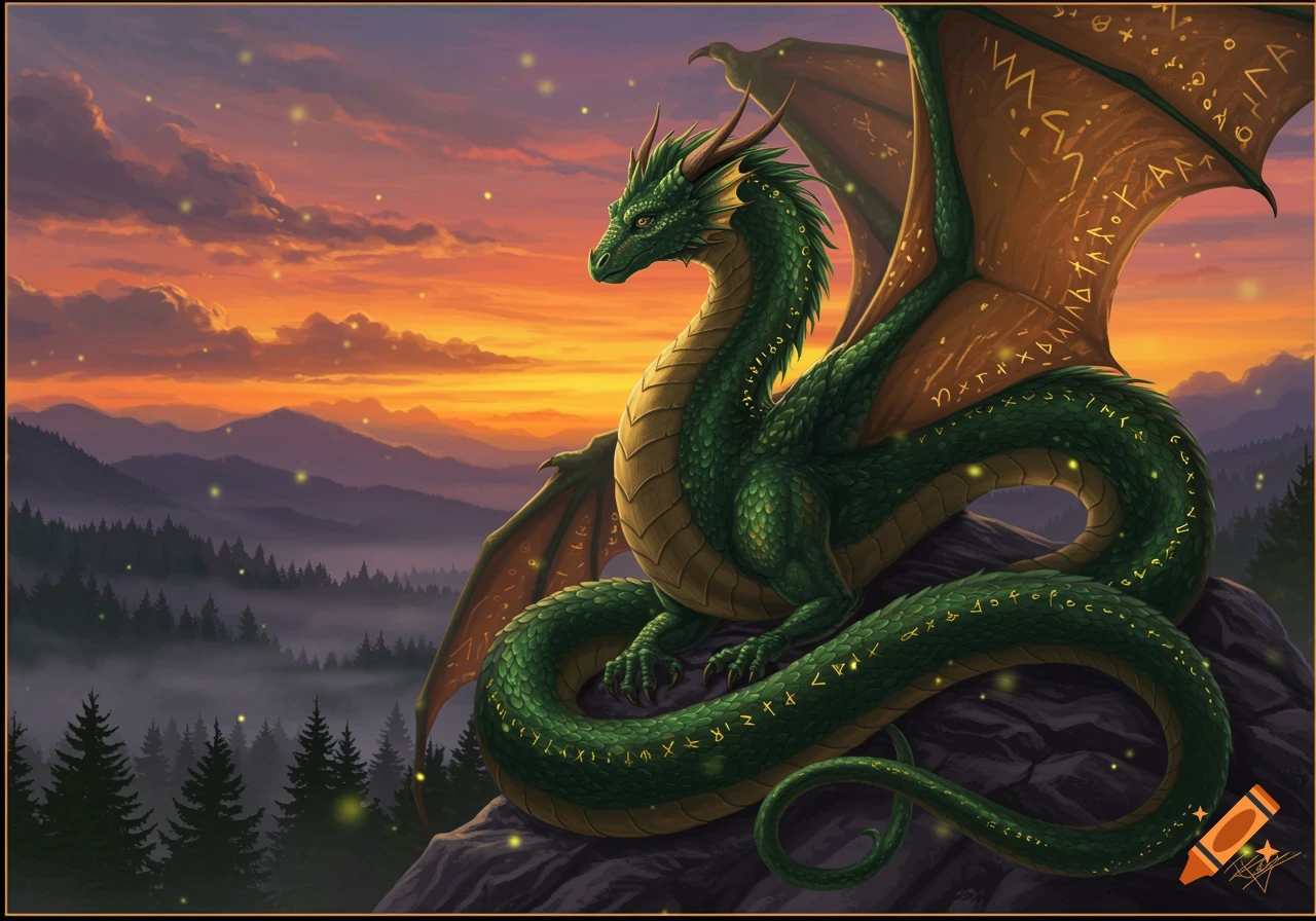 A majestic green serpentine dragon with golden runes on its body and wings, sits on a mountain top at sunset, overlooking a misty forest with sparkling lights.