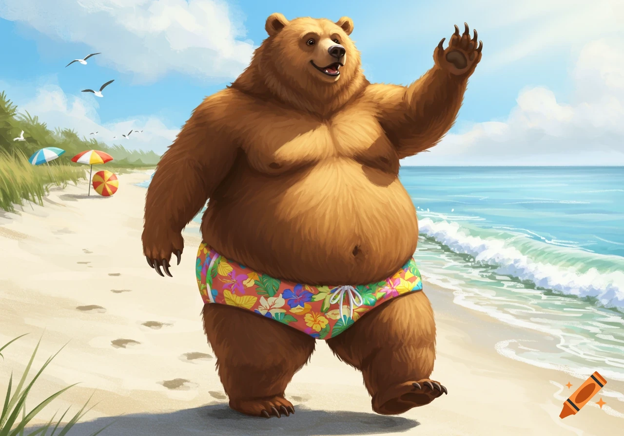 A cheerful, chubby brown bear in colorful swim briefs waves while walking on a sandy beach. An illustrative style.