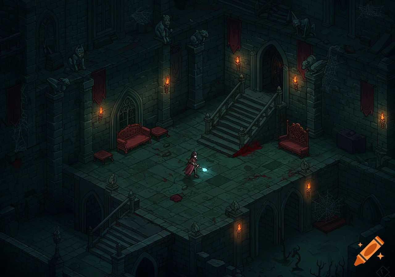 A 2D isometric RPG screenshot of a character in a dark gothic castle dungeon with red sofas, stairs, and bloodstains.