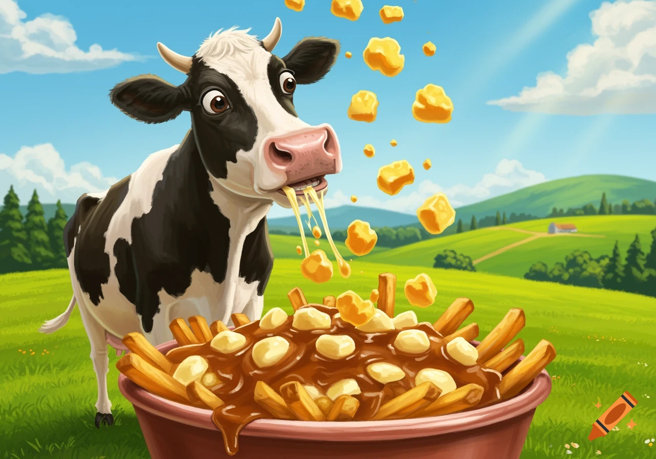 A cartoon cow with wide eyes eating a large bowl of poutine, with cheese curds flying around, in a green hilly field.