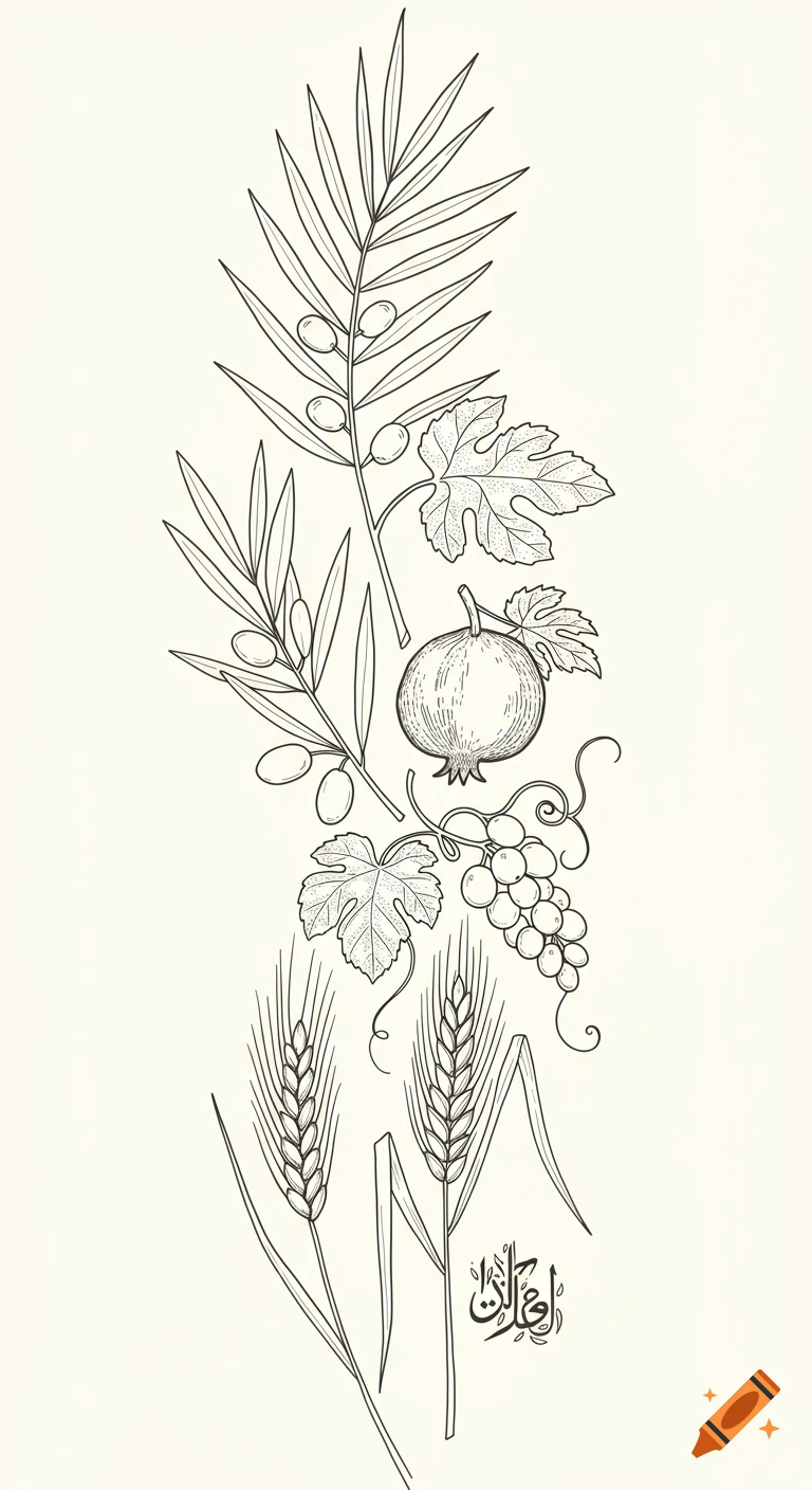 Vertical line art illustration of date palm, olive, fig, pomegranate, grapes, barley, and wheat.