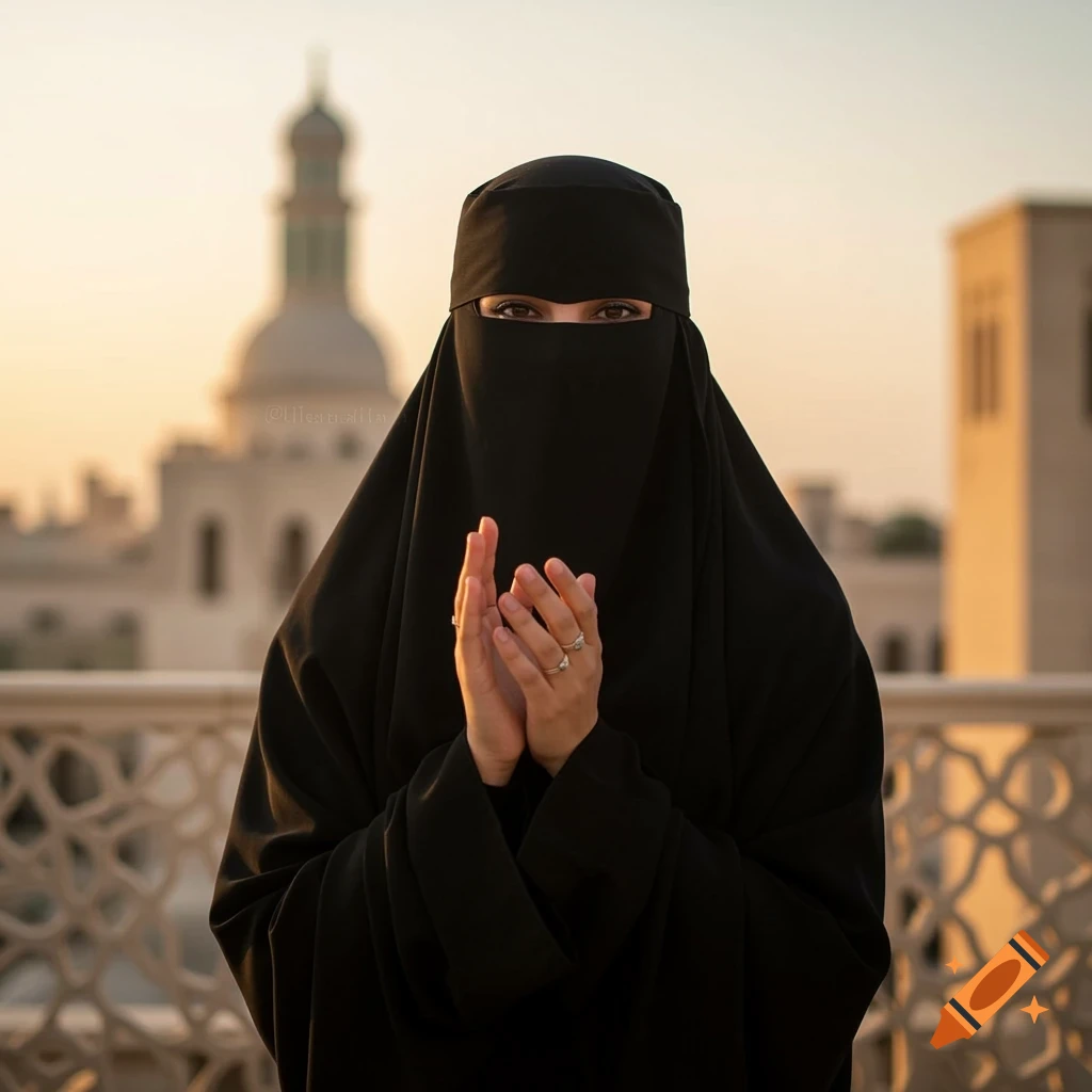 A woman in a black niqab stands with hands clasped, looking at the viewer, with a blurred mosque building in the background.
