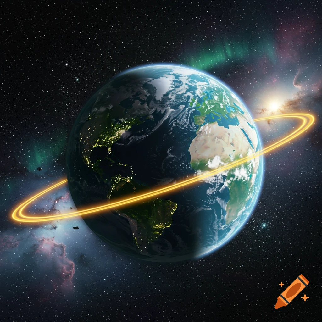 An Earth-like planet with glowing city lights and a golden ring, set against a starfield with nebulae and an aurora.
