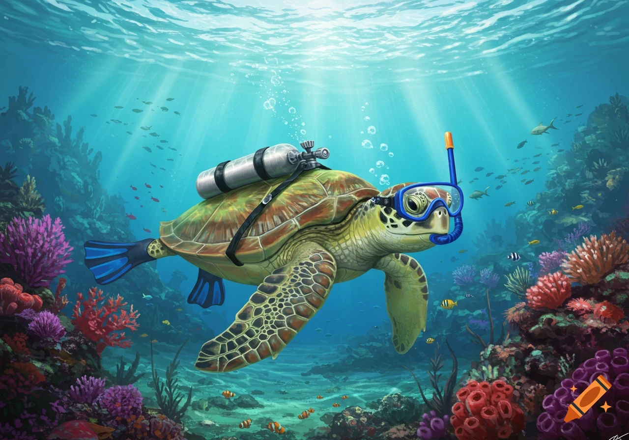 An illustrated green sea turtle wearing scuba gear swims through a colorful coral reef, surrounded by fish and sunbeams.