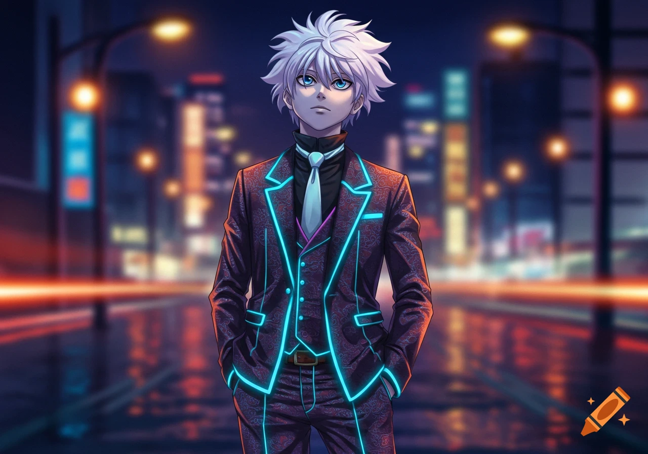 Anime character Killua Zoldyk in a stylish dark suit with glowing blue accents stands on a wet city street at night.
