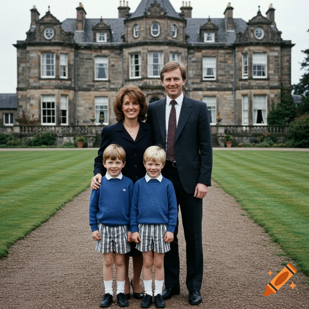 A family of four, two adults and two young boys, stand on a gravel path in front of a large stone mansion.