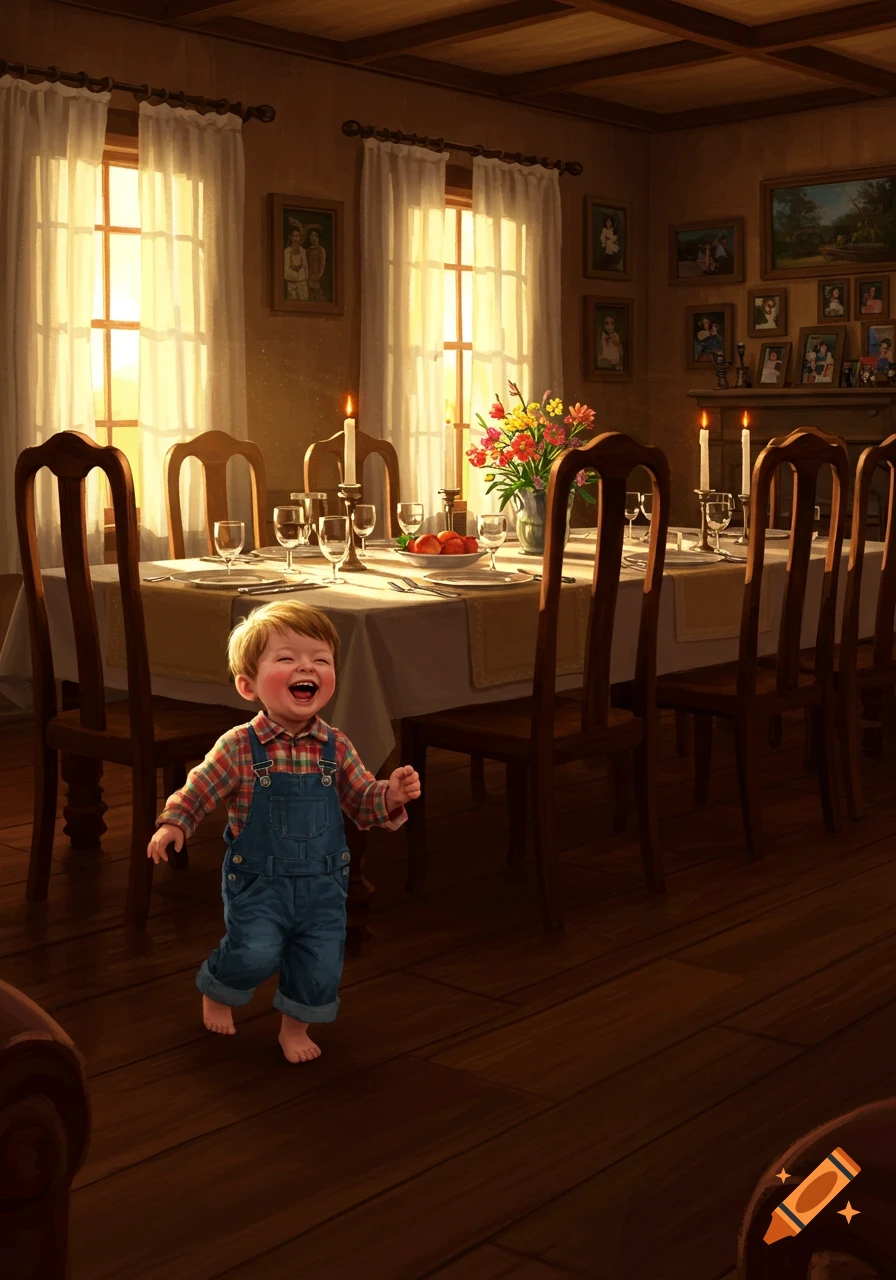 A joyful barefoot toddler boy in overalls runs in a sunlit dining room with a long table set for dinner and framed family photos.
