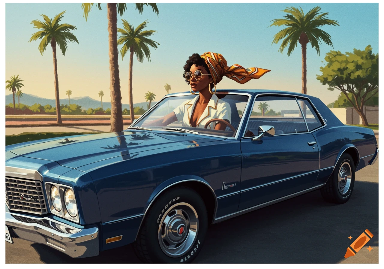 A stylized image of a Black woman with a headscarf and sunglasses driving a blue vintage coupe on a sunny day with palm trees in the background.