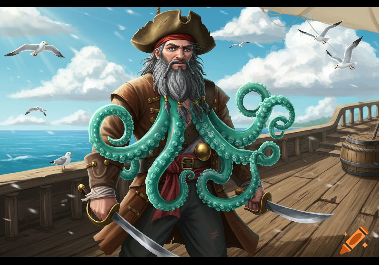 A bearded pirate with an octopus for a beard stands on a ship's deck, holding two swords, with seagulls flying overhead.