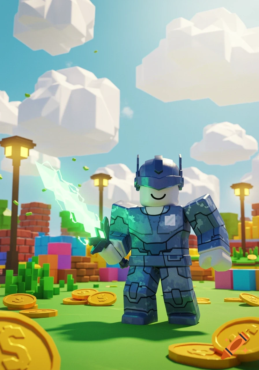 A Roblox character in blue armor with a glowing sword stands on grass with gold coins, blocky buildings, and polygonal clouds.