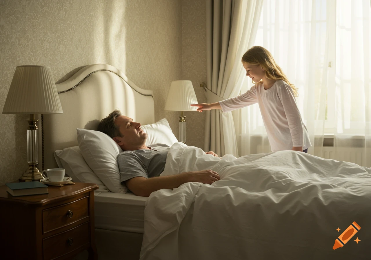 A man sleeping in a sunlit bedroom as a young girl gently taps his shoulder to wake him. Photorealistic style.