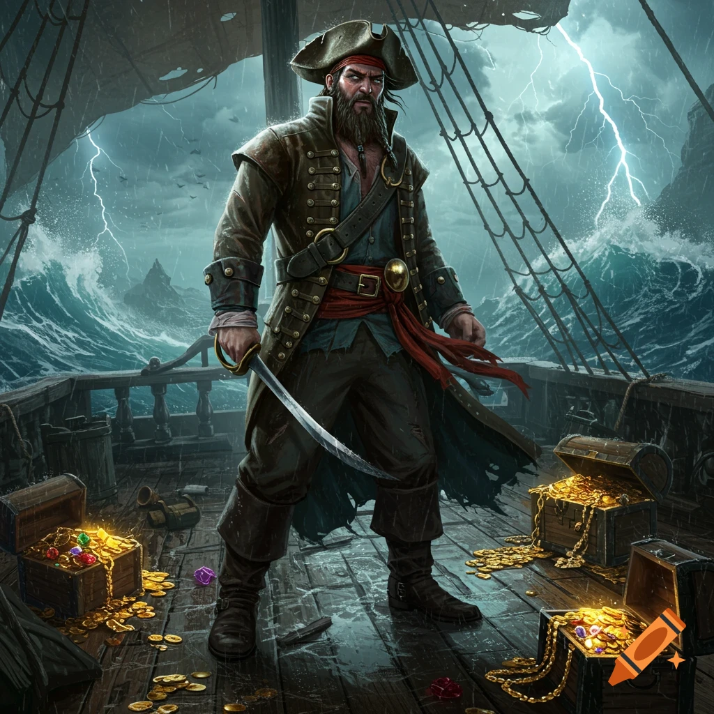 A fierce pirate stands on a stormy ship deck, holding a cutlass with treasure chests nearby, lightning strikes in the background.