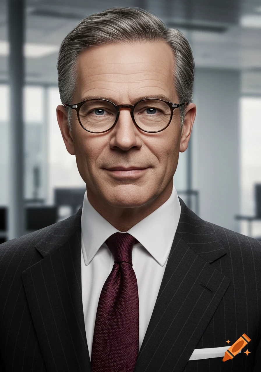 Photorealistic professional headshot of a gray-haired man wearing glasses and a suit in an office setting.