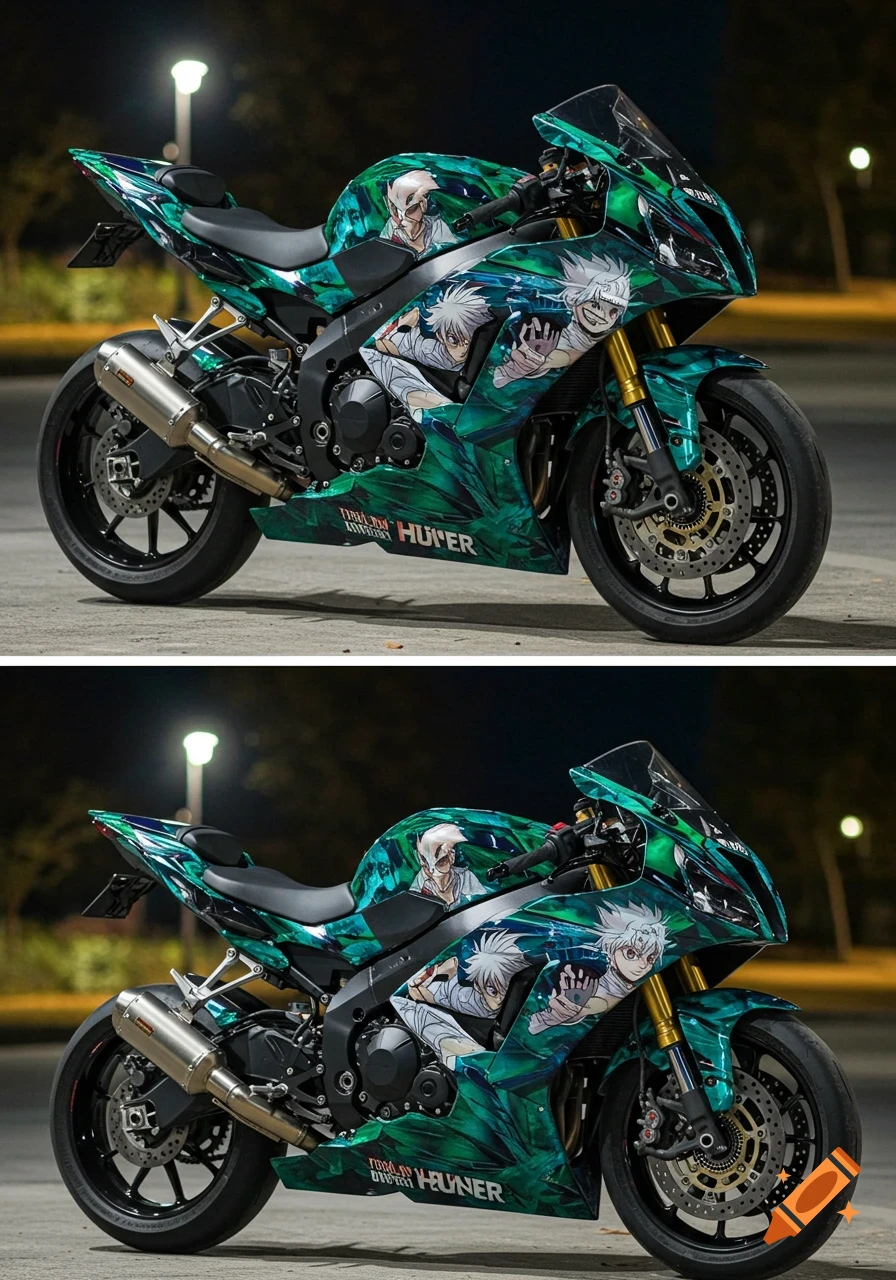 A teal and green custom motorcycle with Hunter x Hunter anime characters painted on its fairings, parked at night.
