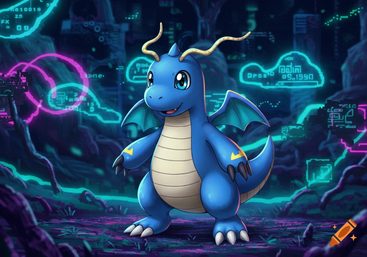 A blue Dragonite stands in a futuristic, neon-lit landscape with digital readouts in the background, rendered in a colorful anime style.