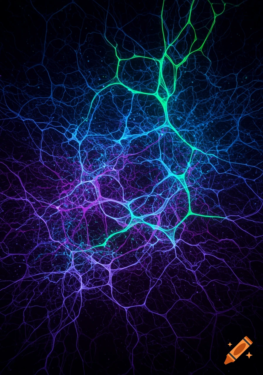 Abstract neurographic art with glowing green, blue, and purple lines on a dark background.