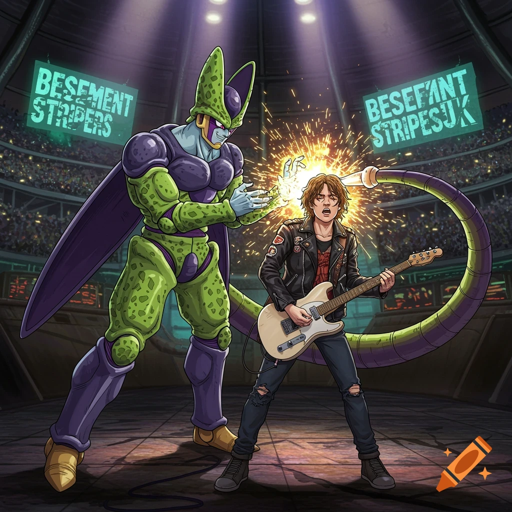 Imperfect Cell from Dragon Ball Z stands on a concert stage absorbing energy from a guitarist playing an electric guitar.