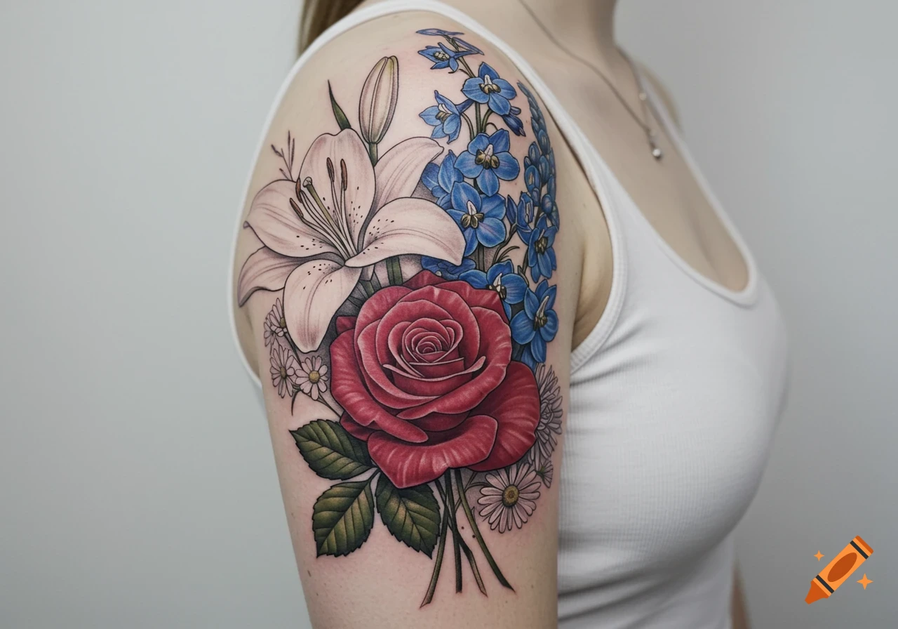A vibrant floral tattoo featuring a white lily, red rose, blue delphiniums, and small white asters on a person's upper arm.