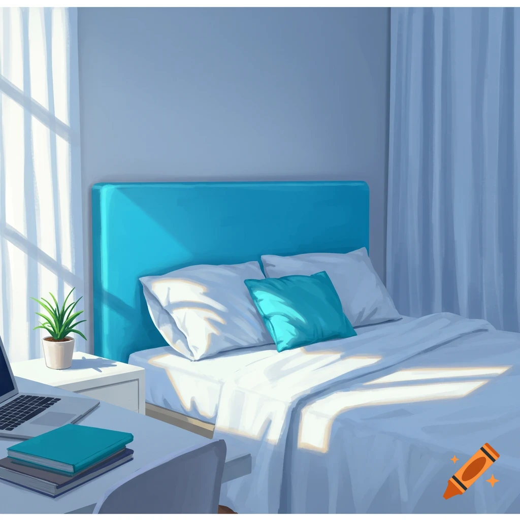 A brightly lit teen bedroom with a blue headboard, white sheets, and a desk with a laptop and books, rendered in a digital art style.