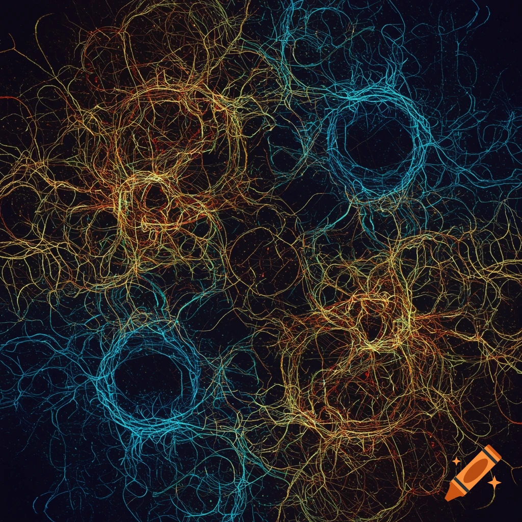 Abstract neurographic art with intricate glowing lines forming interconnected circles and organic patterns in orange, yellow, and blue.