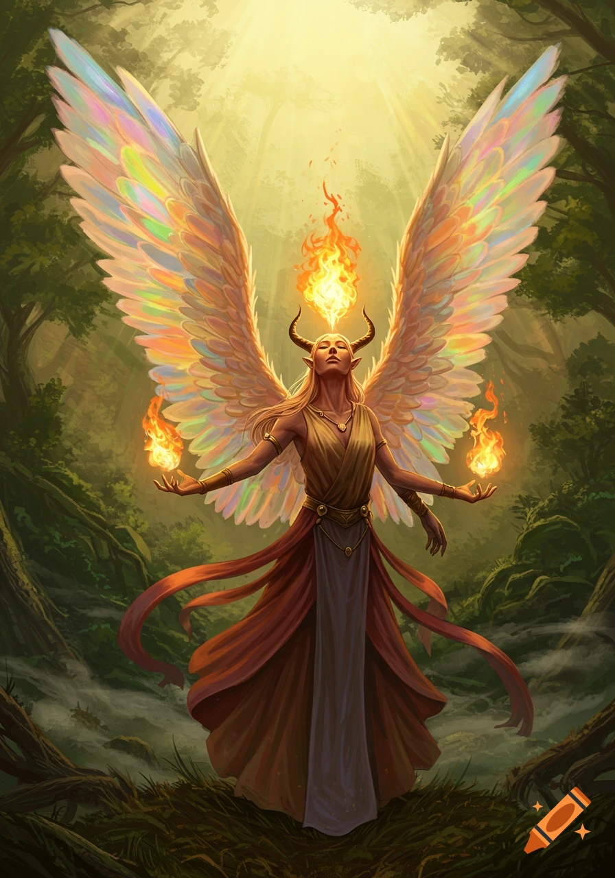A mystical horned woman with iridescent wings and fiery hands stands in a sunlit forest clearing. Digital art.