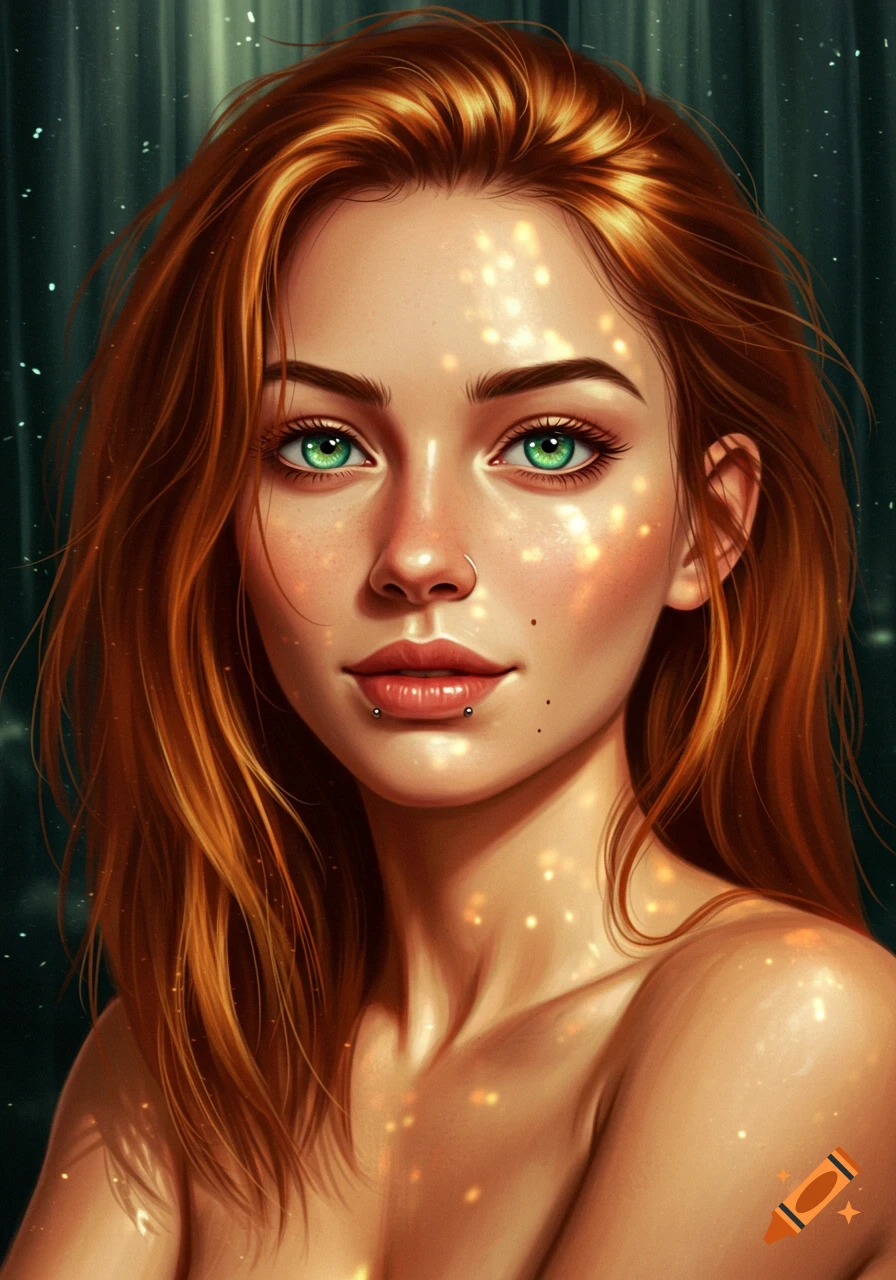 Digital art portrait of a red-haired woman with bright green eyes, a lip piercing, and glowing specks on her face.