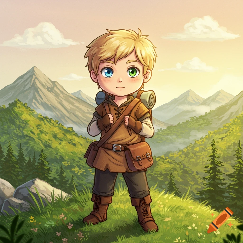 A cute illustration of a blond boy in medieval travel clothes with a brown bag and heterochromatic eyes, standing in a landscape of mountains and forests.