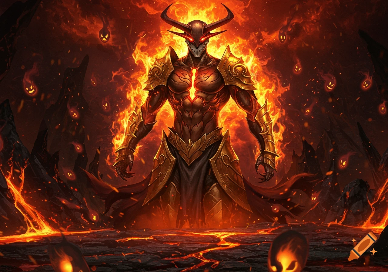 A fiery horned demon in golden armor stands on cracked, lava-filled ground in a hellish landscape with small fire spirits.
