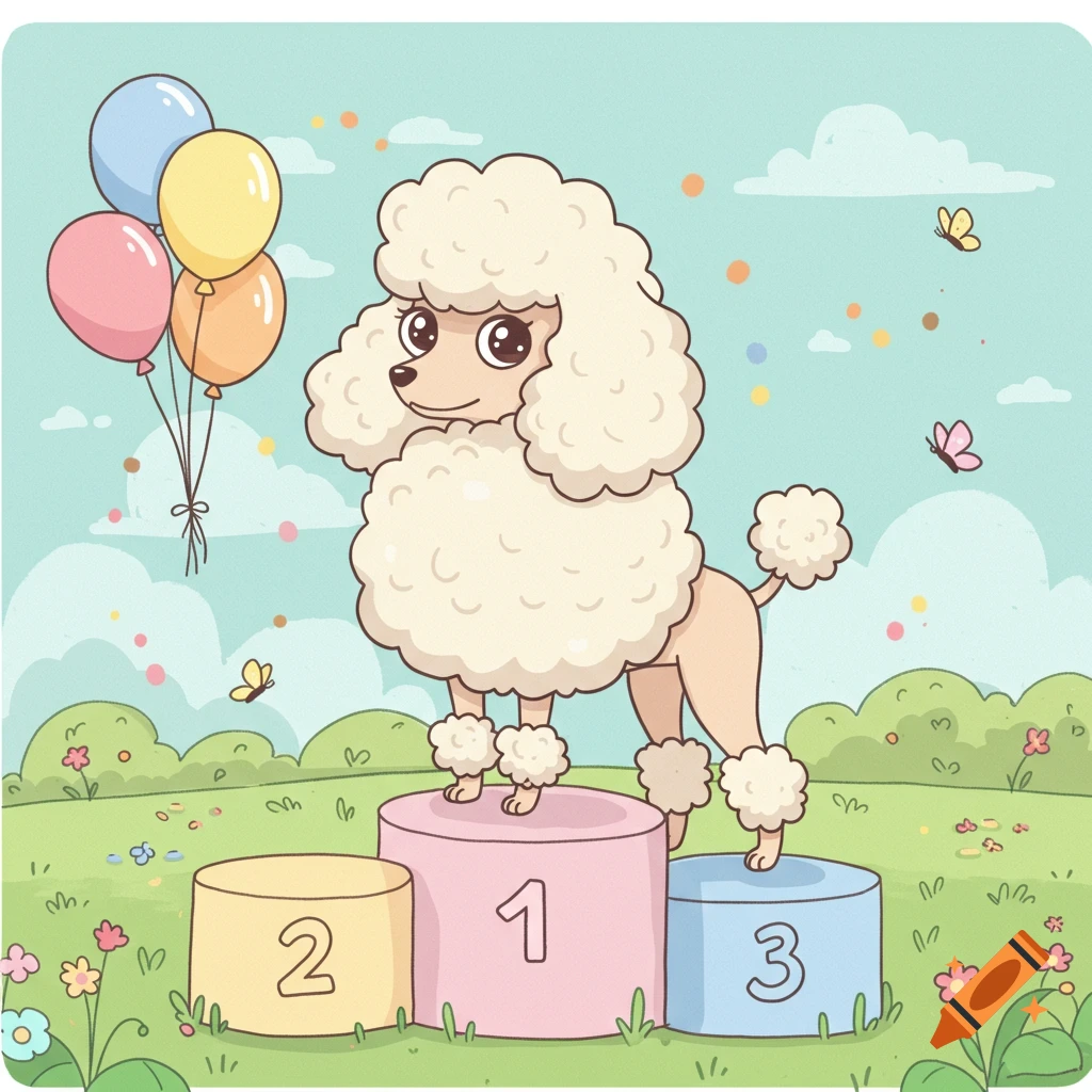 A cute cartoon poodle stands on the first-place podium, surrounded by colorful balloons, butterflies, and flowers in a vibrant outdoor setting.