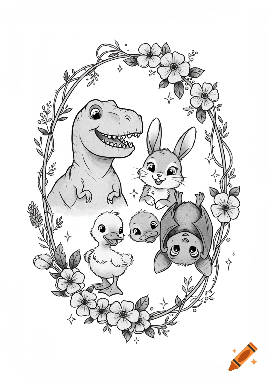Black and grey illustration of a child-friendly dinosaur, bunny, two ducklings, and a bat within an oval frame of wildflowers and vines.