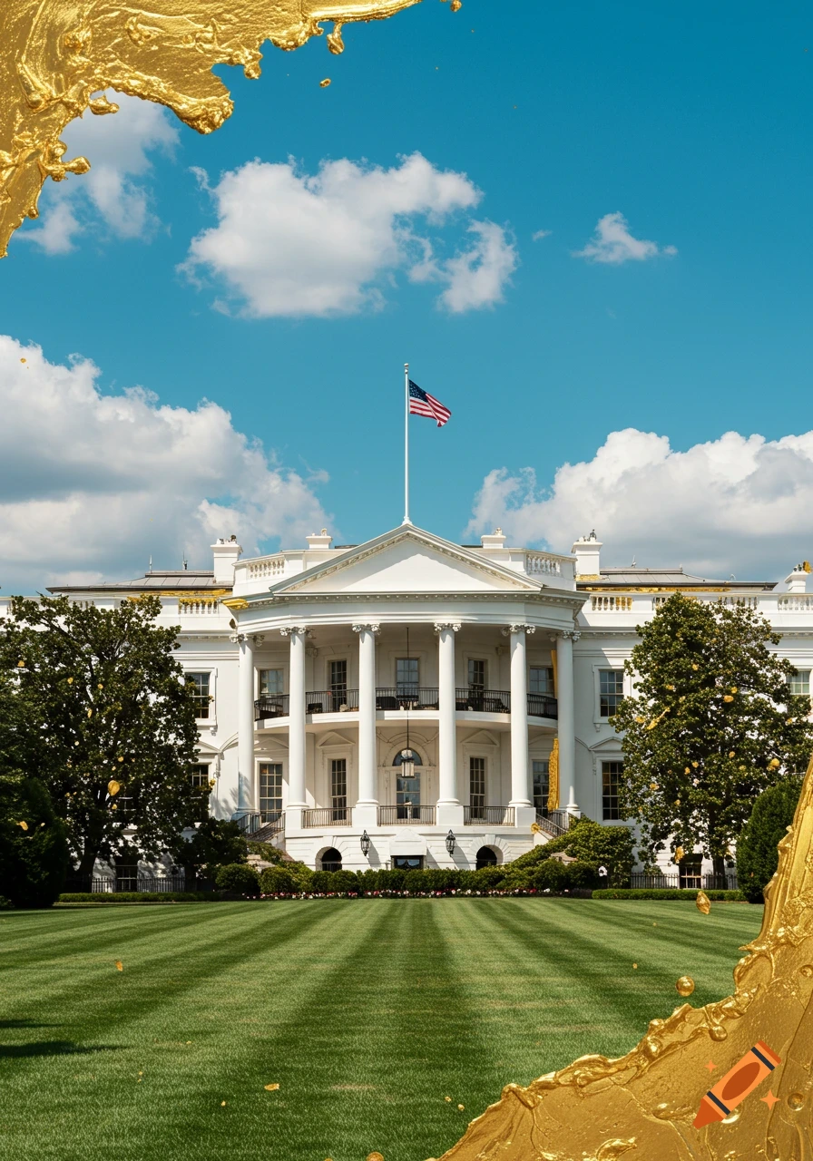 Photorealistic image of the White House with gold paint splatters and confetti accents, under a clear blue sky.