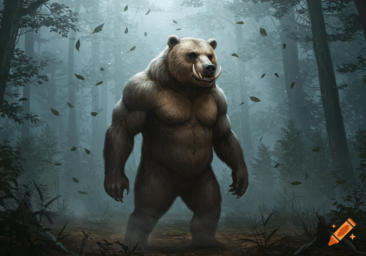 A muscular man-bear-pig creature with tusks stands in a misty forest with falling leaves.
