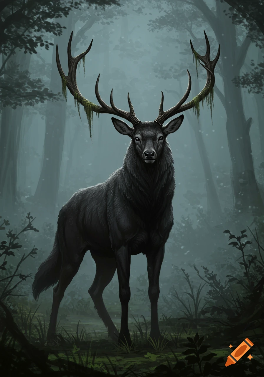 A dark, majestic buck with large antlers and a wolf-like body stands in a misty, mystical forest.