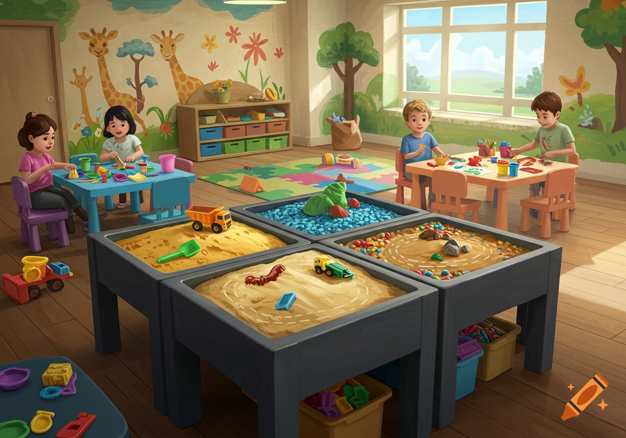 Four children playing in a colorful indoor playroom with sensory bins filled with sand and rocks, and two tables for playdoh and drawing.
