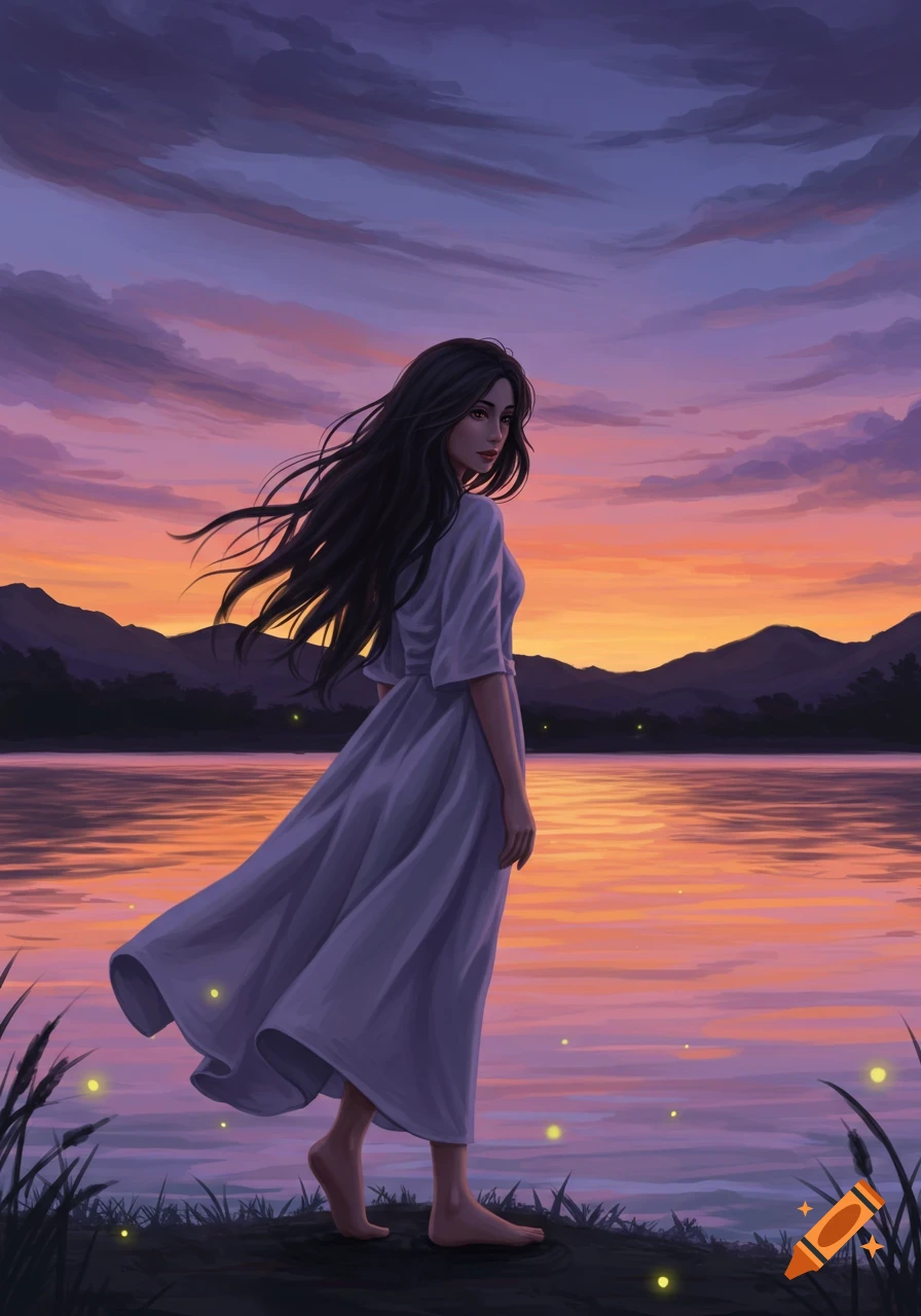 A barefoot woman in a white dress stands by a lake at sunset, her long dark hair blowing in the wind, with mountains and glowing fireflies.