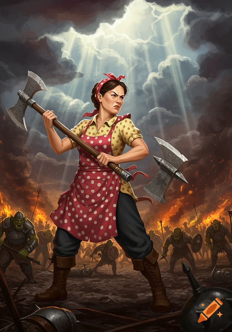 A woman in a polka dot apron and a headscarf wields a battle axe against an army of orcs under dramatic, stormy skies in a detailed illustration.