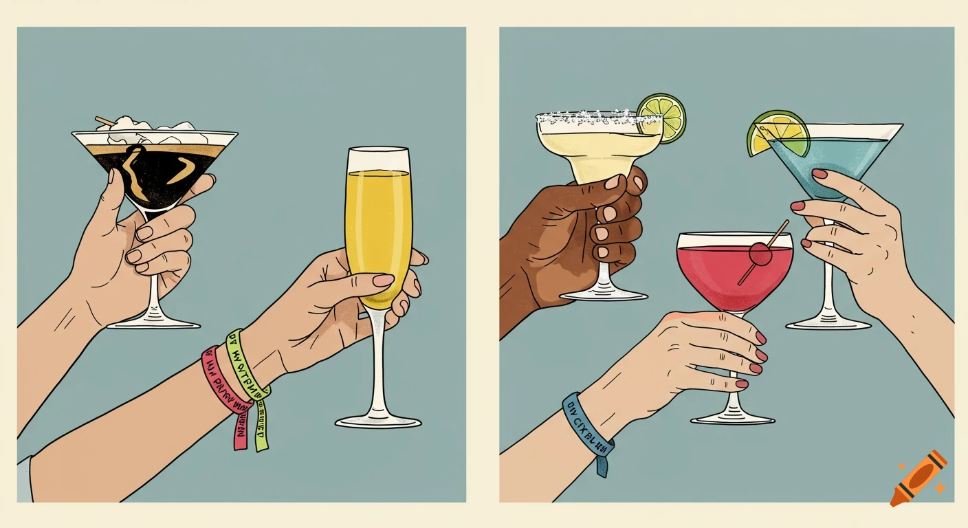 A stylized poster showing four hands holding different cocktails: an espresso martini, a mimosa, a margarita, and a cosmopolitan.