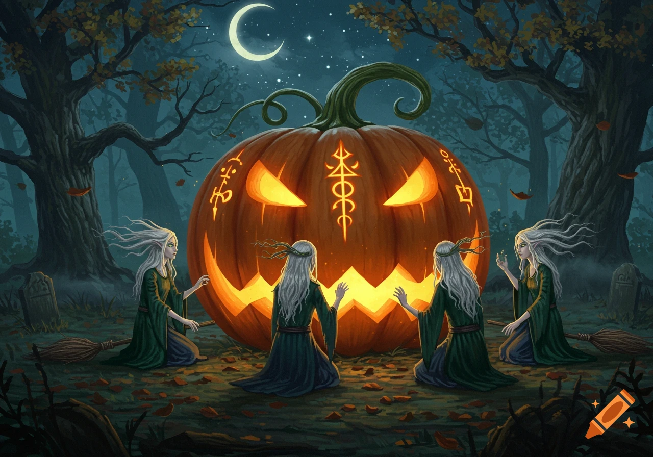 Four white-haired elves in green robes kneel around a giant glowing jack-o'-lantern in a dark, moonlit Halloween forest.