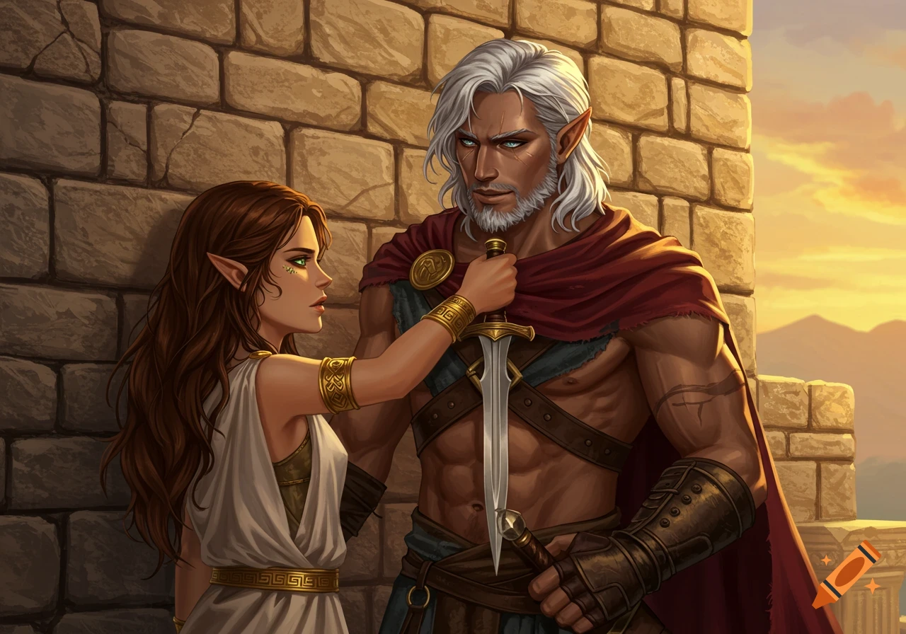 A fantasy illustration of a brown-haired elven woman holding a dagger to the throat of a white-haired, bearded elven man against a stone wall at sunset.