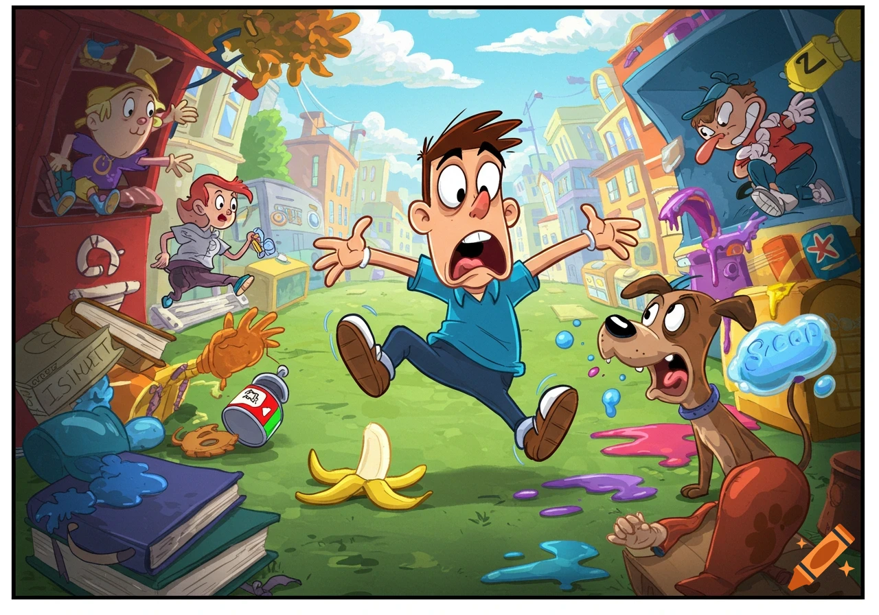 A chaotic cartoon illustration of a boy with a horrified expression leaping away from a banana peel, surrounded by other frantic characters, a spilling dog, and scattered items like books, a can, and colorful puddles in an urban setting.