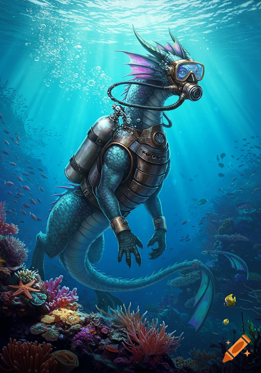 A vibrant green and purple dragon in scuba gear swims through a colorful coral reef with fish and sunrays.