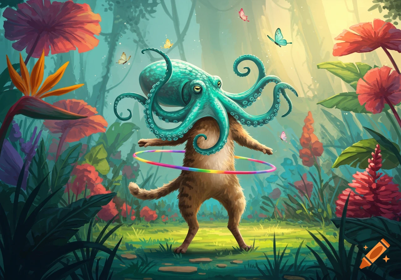 A whimsical cat-octopus hybrid hula-hoops in a vibrant jungle with exotic flowers and butterflies.